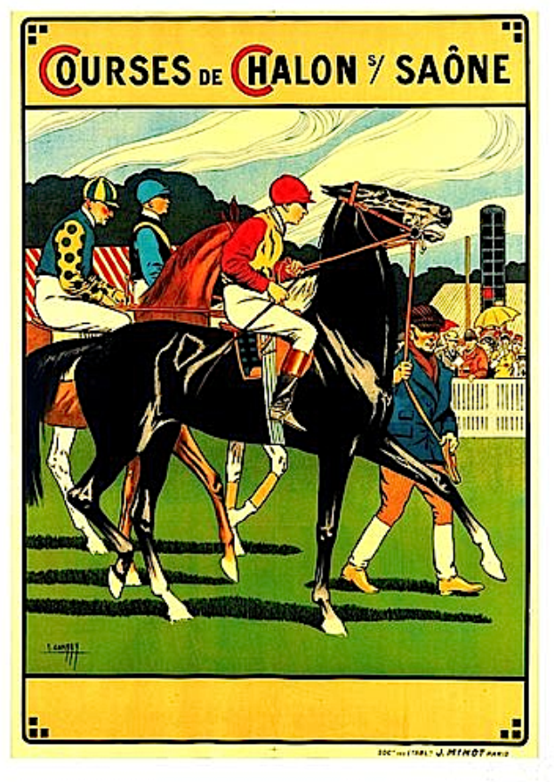 Ein Plakat, das ein Pferderennen mit Jockeys auf Pferden ankündigt, umgeben von einer Menge, einem Zaun, Bäumen und einem bewölkten Himmel, mit Text, der die Rennstrecken beschreibt.