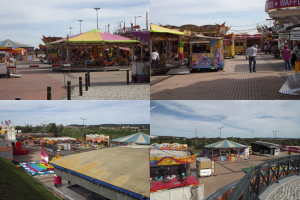 Ein buntes Volksfest-Szenario mit verschiedenen Fahrgeschäften, Buden, Menschen, Pfählen, Lichtern und einer Baum- und Wolkenkulisse, mit einem Wasserzeichen versehen.