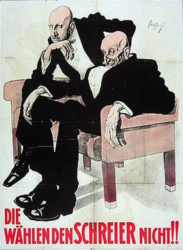 Deutsches Propagandaplakat der NSDAP mit zwei Männern auf einer Couch und Text.