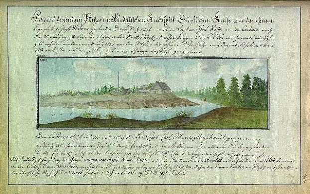 Ein altes Buch mit einer Zeichnung eines Flusses, eines Hauses, Bäume, Gras und einer bewölkten Himmel, betitelt "Deutsche Landschaften, Landschaft und Landschaft Deutschlands, 18. Jahrhundert".