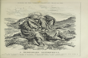 Ein altes Buch mit einer Zeichnung eines ernst dreinschauenden Mannes in einem langen Mantel und Hut darauf, mit der Aufschrift "Eine vorläufige Rentenphase" auf dem Cover.