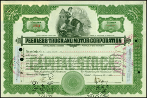 Schwarzer Aktienschein für Peerless Truck & Motor Corporation mit zwei Personen und Unternehmensname.