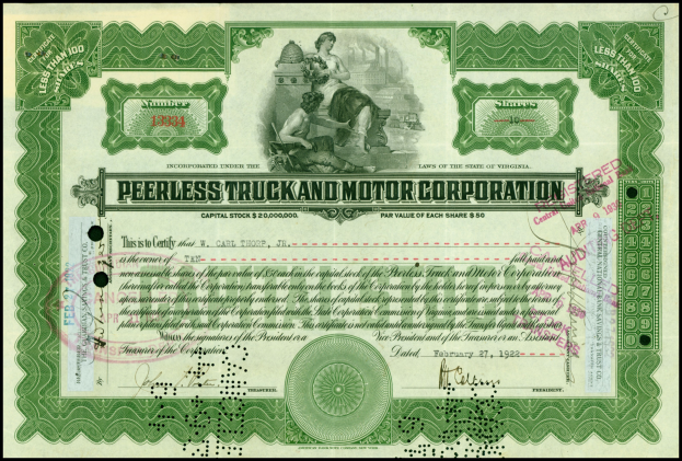 Schwarzer Aktienschein für Peerless Truck & Motor Corporation mit zwei Personen und Unternehmensname.
