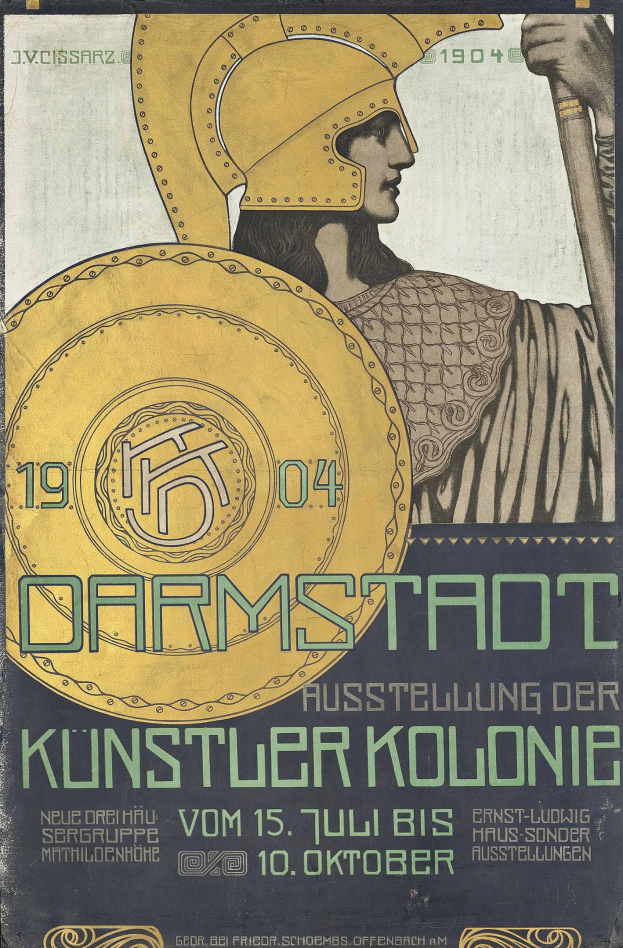 Plakat für ein 1904er Berlin-Konzert mit einer Heldenfigur, die ein Schild mit «Darmstadt» und «Künstler Kolonie» hält.