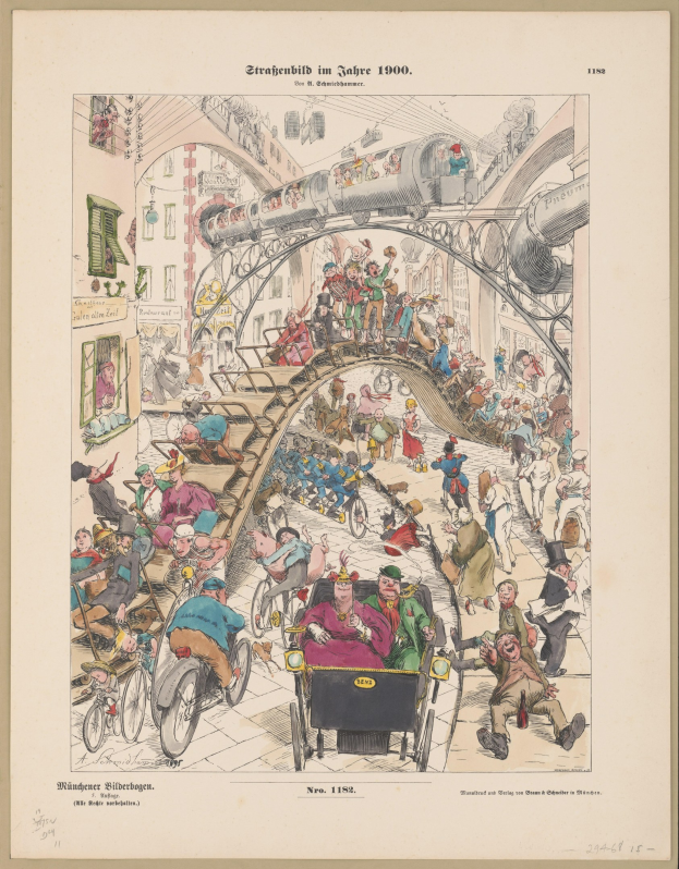 Schwarze und weiße Illustration eines überfüllten Bahnhofs im Jahr 1900, eingerahmt von einem Photo-Rahmen, mit Menschen, die Zeichen von Unwohlsein zeigen.