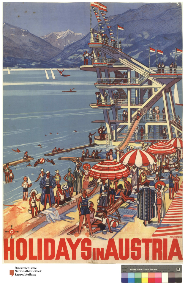 Plakat, das Urlaube in Österreich bewirbt und Menschen am Strand mit Schirmen, einem Schiff, Fahnen und fernen Bergen zeigt.