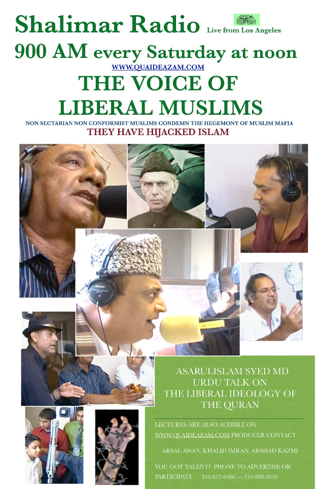 Plakat, das die Radioshow "Die Stimme der liberalen Muslime" ankündigt, zeigt Bilder von Menschen mit Headsets und Mikrofonen in einem Gespräch.