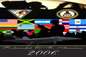 Ein Plakat mit einem zentralen Kampfflugzeug, umgeben von Menschen und Flaggen, mit einem Flugzeug oben und dem Text "Partnership of the Americas 2006" unten.