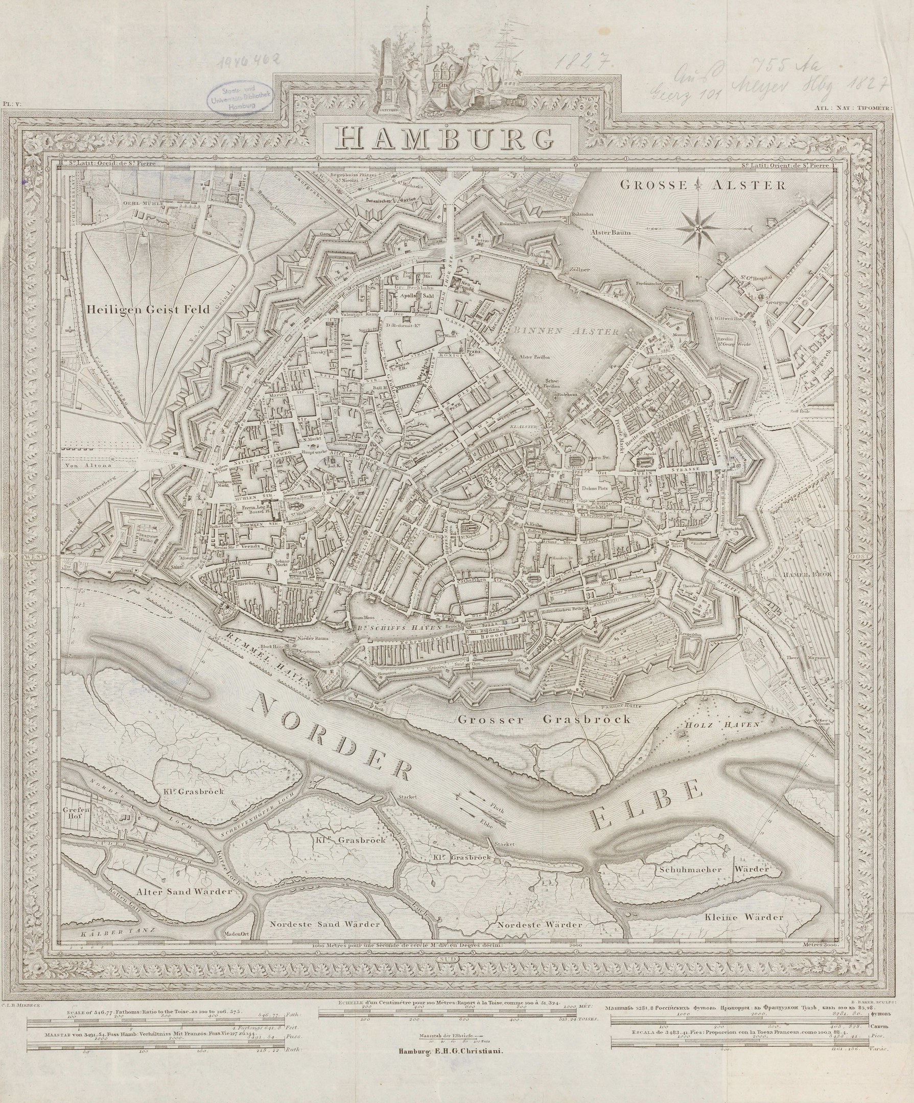 Alte Karte von Hamburg, Deutschland, auf Papier gedruckt, zeigt Straßen und Sehenswürdigkeiten im klassischen Stil.