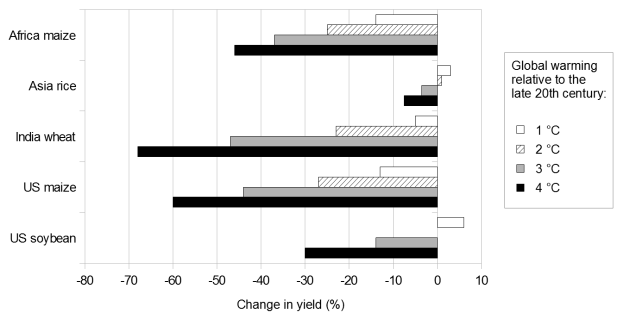 Eine Säulendiagramm, das die globale Erwärmung im Vergleich zum späten 20. Jahrhundert zeigt, mit je einer Säule für verschiedene Klimaveränderungen und begleitendem Text.