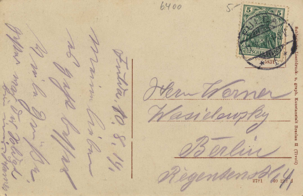 Umschlag mit einer Briefmarke adressiert an Berlin, Deutschland, markiert mit "Berlin" und "5c".