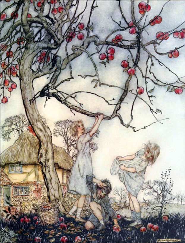 Ein Gemälde von drei Kindern, die Äpfel von einem Baum vor einem Haus mit Reetdach pflücken, umgeben von üppiger Vegetation, mit einem Korb voller Äpfel in der Nähe unter einem strahlend blauen Himmel.