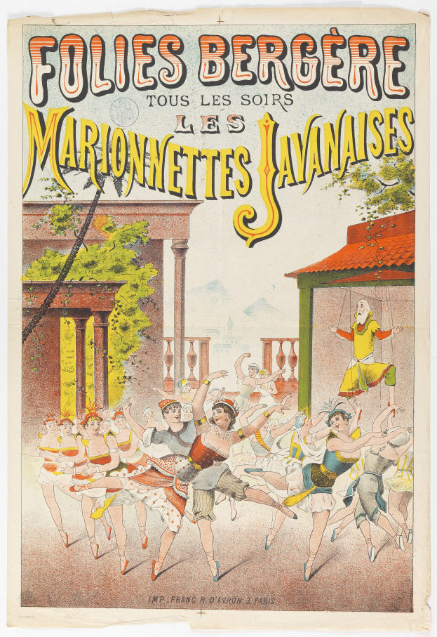 Ein Plakat, das eine Tanzshow in Paris ankündigt, zeigt eine Gruppe von Menschen, die im Vordergrund tanzen, mit einem Gebäude, Bäumen und einem Himmel im Hintergrund und Text auf dem Plakat.