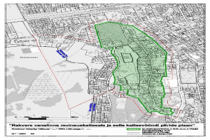 Ein Plakat mit einer Stadtkarte, auf der ein grüner Bereich in der Mitte hervorgehoben ist, begleitet von Text, der Straßen, Parks und Sehenswürdigkeiten beschreibt.