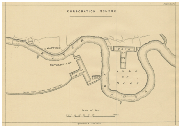 Schwarz-weiß-Karte von London im 19. Jahrhundert, die das Corporation-Schema mit beschrifteten Straßen, Gebäuden und Sehenswürdigkeiten hervorhebt.