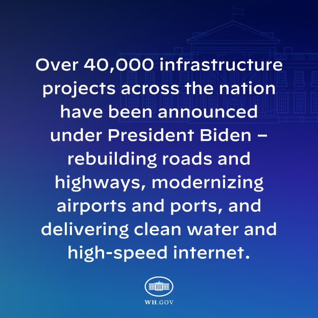 Blauer Hintergrund mit weißer Schrift, die besagt "über 40.000 Infrastrukturprojekte bundesweit unter Präsident Biden angekündigt" und ein Logo unten.