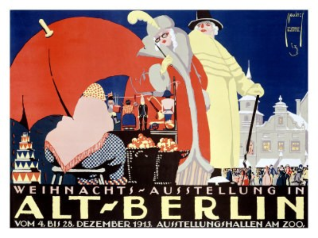 Plakat, das eine Weihnachtsausstellung in altem Berlin ankündigt, mit bunten Illustrationen von Menschen, Gebäuden und Gegenständen und dem Text "Weihnachtsausstellung in Alt-Berlin" oben
