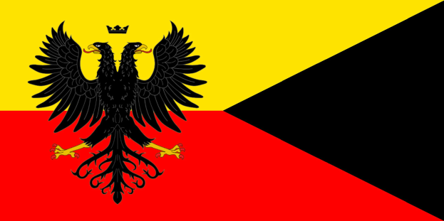 Deutsches Flagge mit drei horizontalen Streifen Schwarz, Rot und Gold, mit einem schwarzen Doppeladler in der Mitte mit ausgebreiteten Flügeln und erhobenem Haupt.