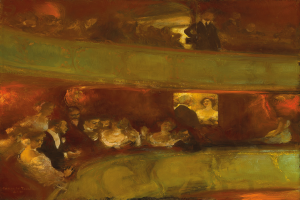 Ein Gemälde einer bunten Gruppe von Menschen in einem hell erleuchteten Theater, einige stehen, einige sitzen, alle in eleganter Kleidung, die eine lebendige und einladende Atmosphäre schaffen.