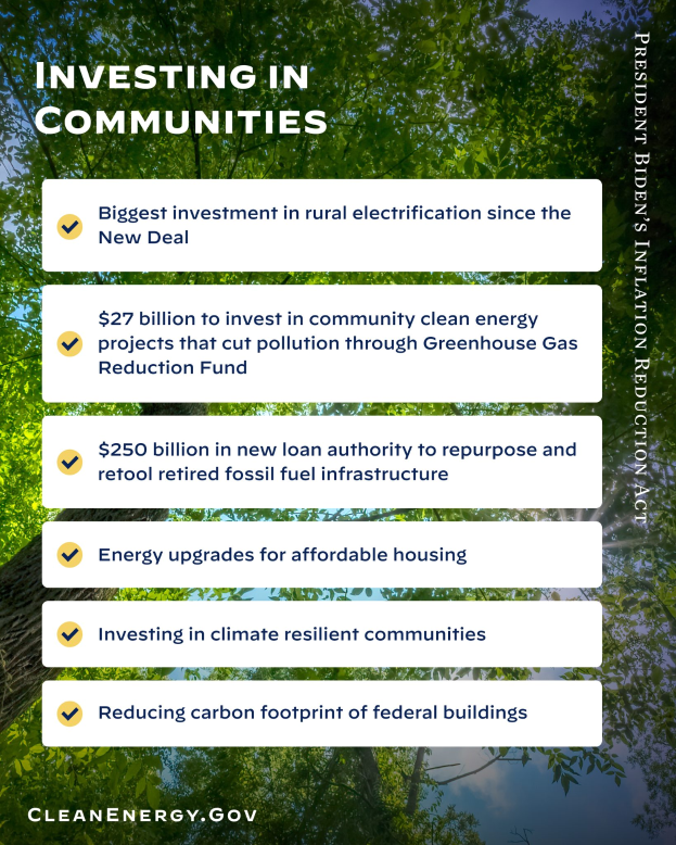 Ein Plakat mit Bäumen und Himmel im Hintergrund, das den Text "Investing in Communities: Biggest Investment in Rural Electricity Since the New Deal" zeigt.