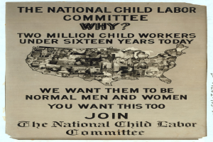 Plakat mit der Aufschrift "Nationaler Ausschuss für Kinderarbeit: Warum? Zweieinhalb Millionen Kinderarbeiter unter sechzehn Jahren heute" mit einer Karte der USA und mehreren illustrierten Gesichtern, die Ausschussmitglieder darstellen.