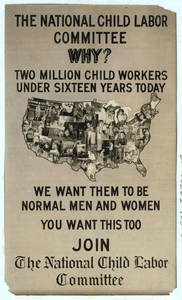 Plakat mit der Aufschrift "Nationaler Ausschuss für Kinderarbeit: Warum? Zweieinhalb Millionen Kinderarbeiter unter sechzehn Jahren heute" mit einer Karte der USA und mehreren illustrierten Gesichtern, die Ausschussmitglieder darstellen.