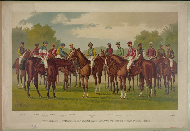 Gruppe von Menschen, die Pferde auf einem grünen Feld mit Bäumen und einem blauen Himmel reiten, Text unten lautet "Feiernder Siegerpferde und Jockeys der amerikanischen Rennbahn".