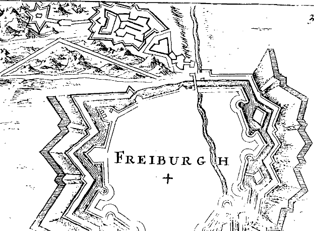 Eine detaillierte Schwarz-Weiß-Karte von Freiburg, Deutschland, mit Straßen, Gebäuden, Sehenswürdigkeiten und Textbeschriftungen.