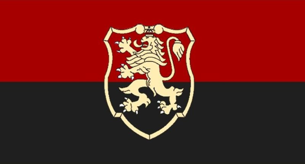 Eine rote und schwarze Flagge mit einem zentralen schwarz umrandeten Löwen, die die historische deutsche Kaiserflagge darstellt.