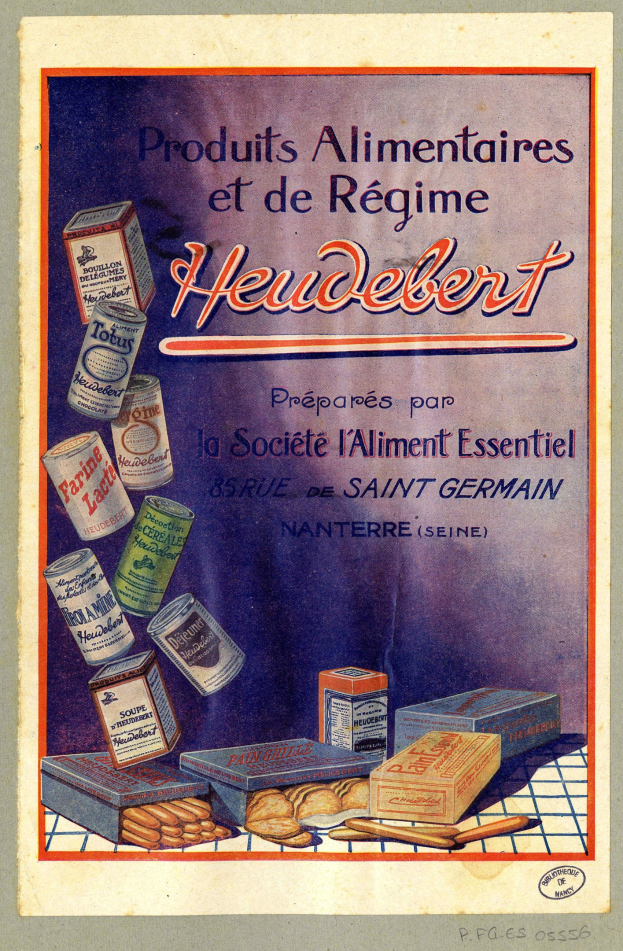 Plakat mit dem Titel "Heidelberg - Produkte für Ernährung und Diät Heidelberg" mit verschiedenen verpackten Lebensmitteln und Gegenständen.