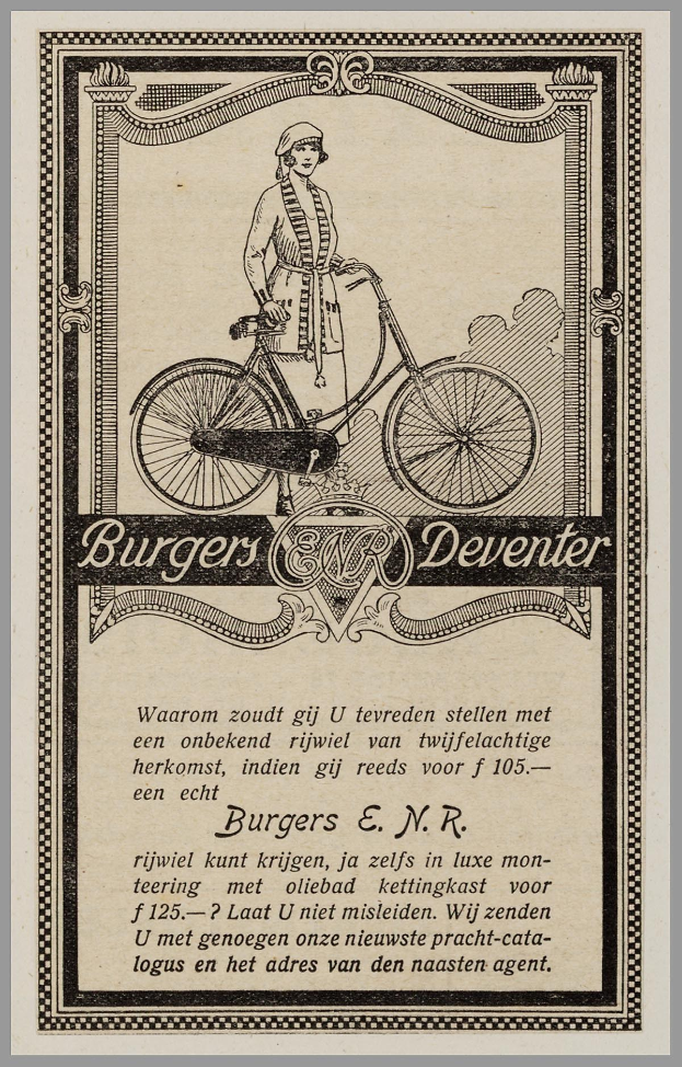 Frau auf Fahrrad in alter Werbung für Burgers Deventer, mit Text, der die Fahrrad-Features beschreibt.