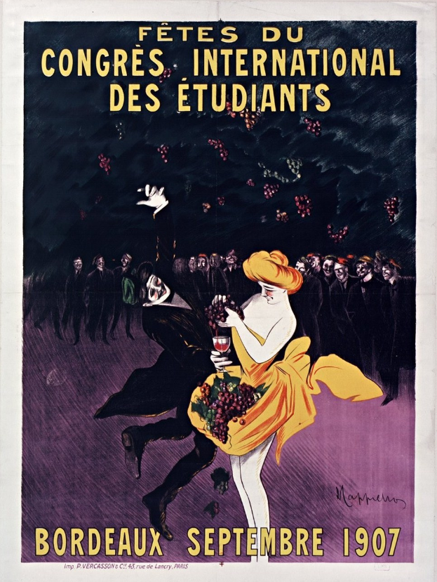Plakat aus dem Jahr 1907, das ein Weinprobevent in Bordeaux, Frankreich, ankündigt, mit einer Frau in gelbem Kleid, die ein Weinglas hält, umgeben von einer Gruppe von Menschen mit Textbeschreibung des Ereignisses.