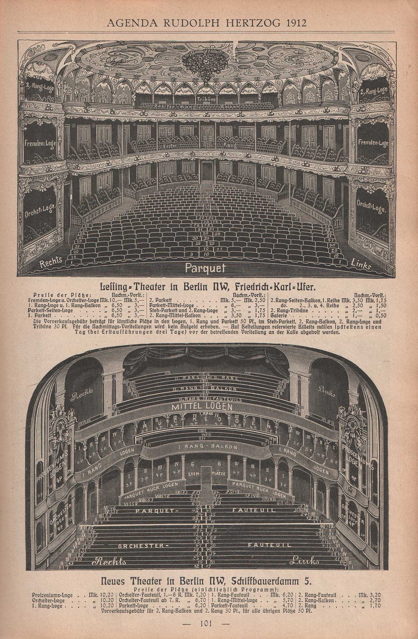 Schwarz-weiß-Illustration einer alten Buchseite mit einem großen Auditorium in Berlin, Deutschland, aus dem Jahr 1912 mit beschrifteten Diagrammen und beschreibendem Text.