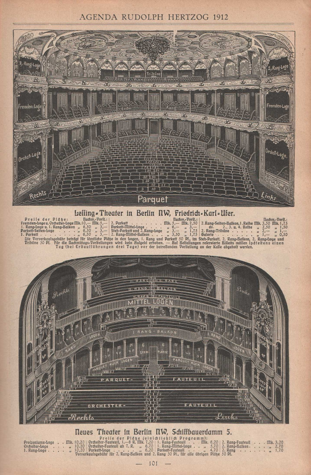 Schwarz-weiß-Illustration einer alten Buchseite mit einem großen Auditorium in Berlin, Deutschland, aus dem Jahr 1912 mit beschrifteten Diagrammen und beschreibendem Text.