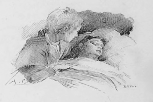 Eine Schwarz-Weiß-Zeichnung eines Mannes in einem Anzug und einer Frau mit geschlossenen Augen auf einem Bett, mit dem Arm des Mannes um ihre Schulter und Text unten.