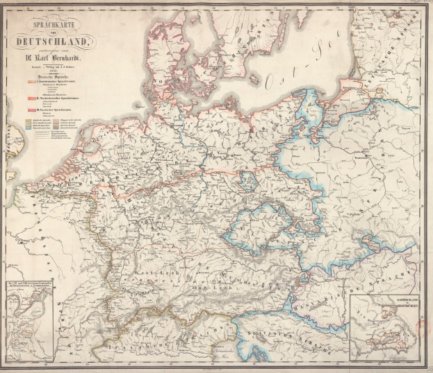 Ein altes Deutschland- und Rheinkarte, detailliert mit geografischen Merkmalen in Blautönen, Grün, Gelb und Rot, mit klassischem Text.
