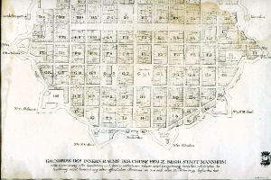 Ein altes, detailliertes Stadtplan von Berlin, Deutschland, auf schwarzem Hintergrund, der Stra├čen, Geb├Ąude, Sehensw├╝rdigkeiten und Text mit Stra├čen- und Sehensw├╝rdigungsnamen zeigt.