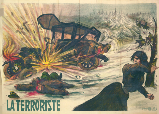 Ein Filmplakat für "La Terroriste" mit einer chaotischen Szene, die Menschen, Fahrzeuge, Bäume und andere Gegenstände zeigt, in leuchtenden Farben und fetter Schrift gehalten.