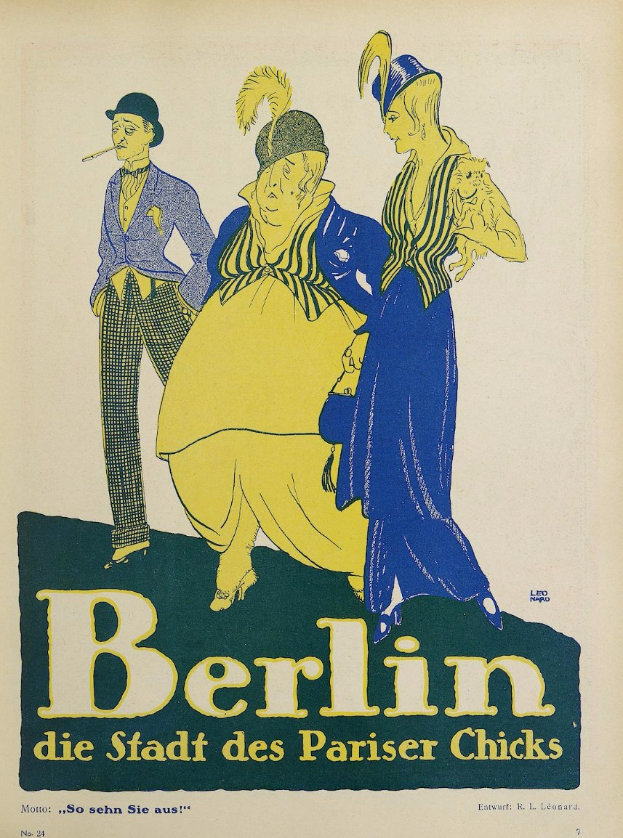 Plakat für ein Berliner Konzert mit dem Titel "Berlin - Die Stadt des Pariser Chicks", das eine Gruppe von Menschen in bunter Kleidung vor einem Gebäude zeigt, die lächeln und zu genießen scheinen