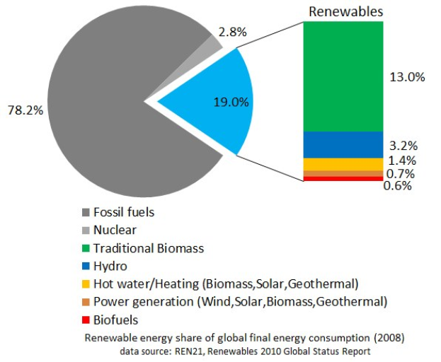 Tortendiagramm, das den globalen Verbrauch an erneuerbarer Energie im Jahr 2008 zeigt, aufgeschlüsselt nach Quellen wie fossilen Brennstoffen, Kernenergie, Hydro, Warmwasser, Heizung, Biomasse, Solar, Geothermie und Biokraftstoffen.