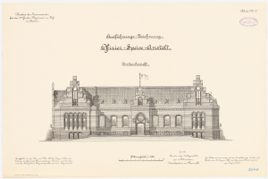 Zeichnung des Hauptsaals des Deutschen Parlaments in Berlin, Deutschland, mit einer Flagge oben und begleitendem Text.