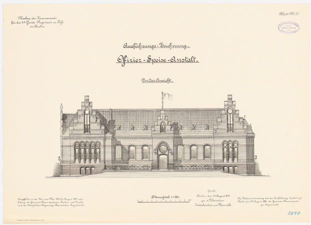 Zeichnung des Hauptsaals des Deutschen Parlaments in Berlin, Deutschland, mit einer Flagge oben und begleitendem Text.