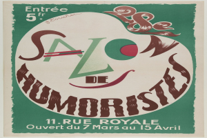 Plakat, das eine Humoristen-Salon-Veranstaltung in Paris, Frankreich, ankündigt, mit Text, der die Angebote beschreibt.