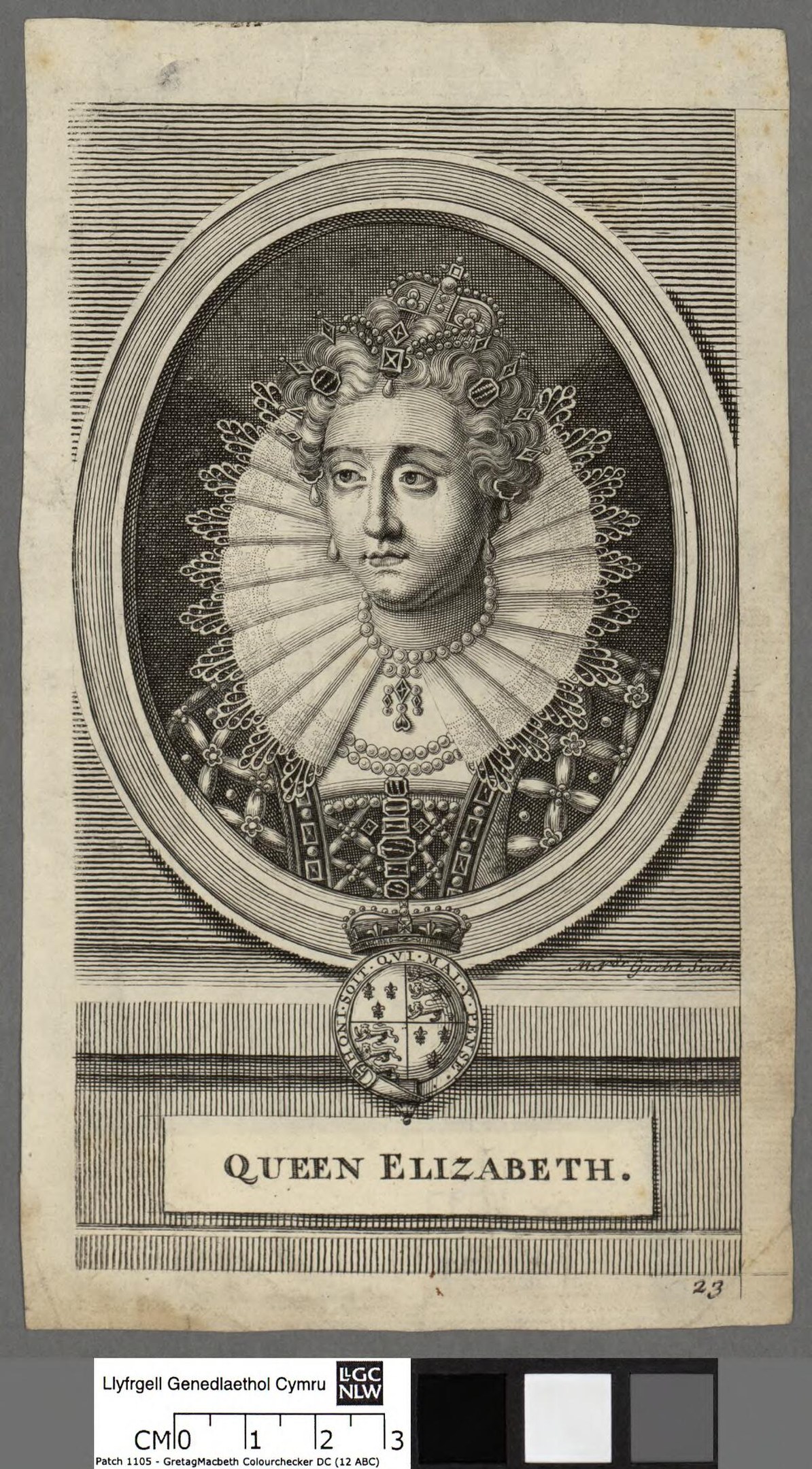 Porträt der Königin Elizabeth I. von England in königlicher Kleidung, einschließlich einer Krone und Tiara, mit ihrem Haar in einem Dutt frisiert und ihrem Blick zur Seite gerichtet.