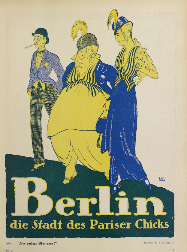 Ein Plakat für ein Konzert in Berlin, Deutschland, mit einer Gruppe farblich gekleideter Menschen vor einem Gebäude mit der Aufschrift "Berlin - Die Stadt des Pariser Chicks" oben.