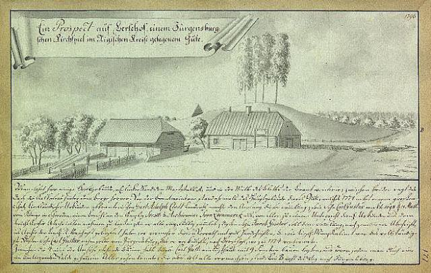 Ein altes Dokument, das ein Farmhaus inmitten eines Feldes zeigt, umgeben von Häusern, Bäumen und einem Himmel, mit der Aufschrift "Surgensburg, Deutschland - Landschaft einer Farm."