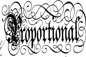 Schwarze und weiße kalligraphische Darstellung des Wortes "Konzern" mit verzierten Umrandungen.