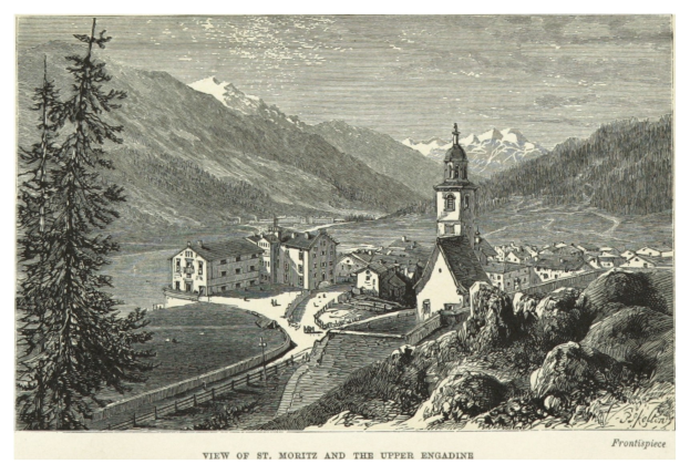 Eine malerische Ansicht von St. Moritz und dem Oberengadin mit Gebäuden, Bäumen und Bergen im Hintergrund, mit Text unten.