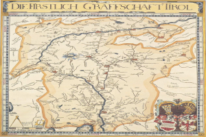 Ein detailliertes historisches Plakat der ersten Grafschaft Tirol-Karte, das geografische Merkmale wie Flüsse, Berge und Städte sowie begleitenden Text und Bilder zeigt.