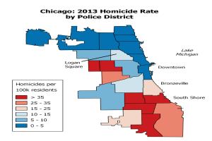 Eine Karte von Chicago aus dem Jahr 2013, die die Homiciderate nach Polizeibezirken zeigt, mit verschiedenen Farben für unterschiedliche Raten.